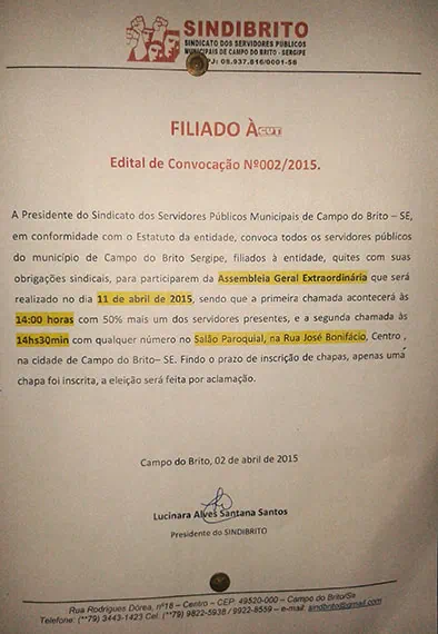 SINDIBRITO convoca filiados para Assembleia Geral Extraordinária neste sábado (11)