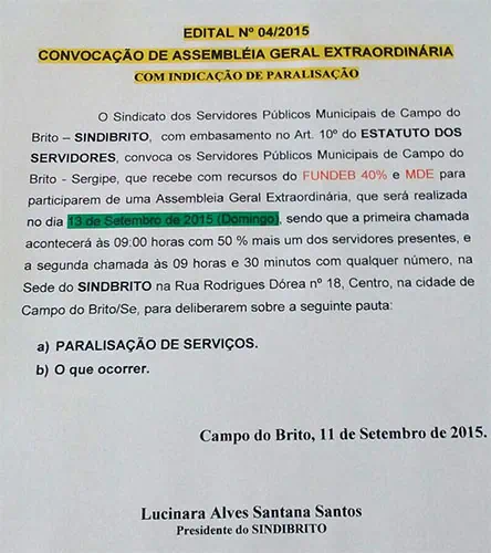 SINDIBRITO convoca servidores para Assembleia Extraordinária neste domingo, dia 13