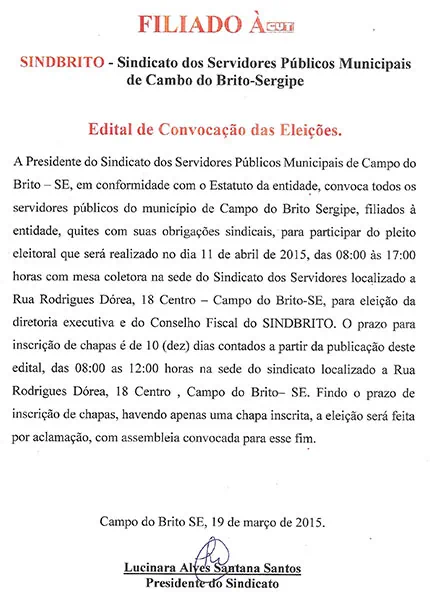 SINDIBRITO – Edital de Convocação das Eleições do Sindicato