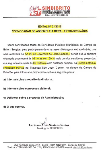 SINDIBRITO convoca os Servidores Públicos Municipais de Campo do Brito para assembleia geral extraordinária